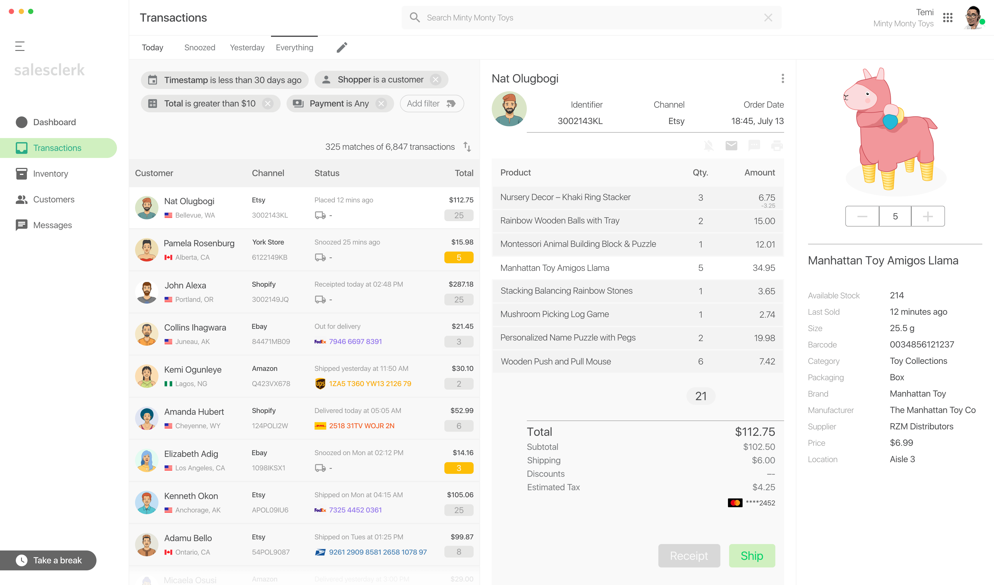 Annotated Salesclerk Transactions screen.